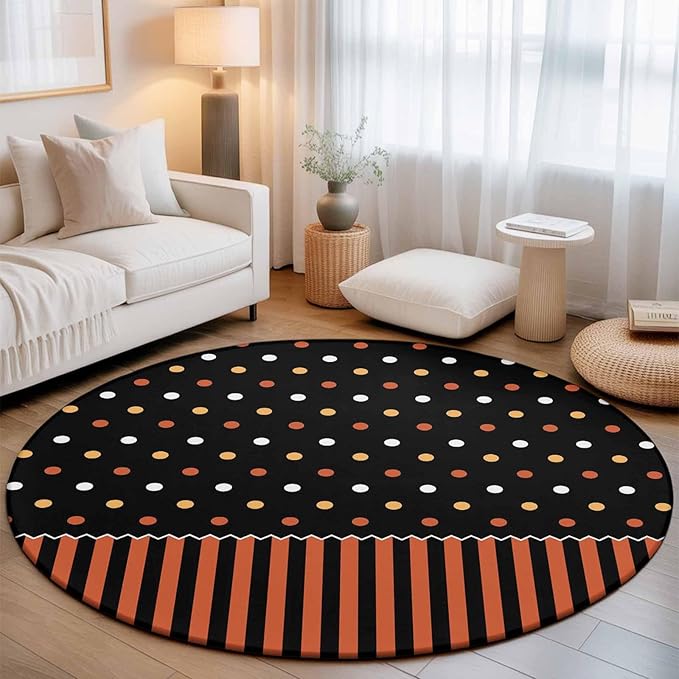 Washable Round Area Rug Halloween Polka Dots Orange Stripes Circle Rugs Floor Carpet for Living Room Bedroom, Seamless Dot on Black Soft Non Slip Round Rug 5ft