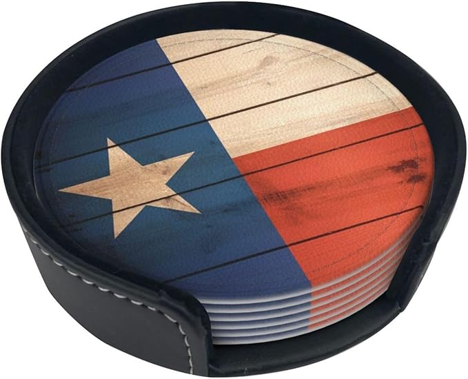 Wood Texas Flag Leather Drinks Coasters with Holder, Set of 6, Suitable for Various Cups