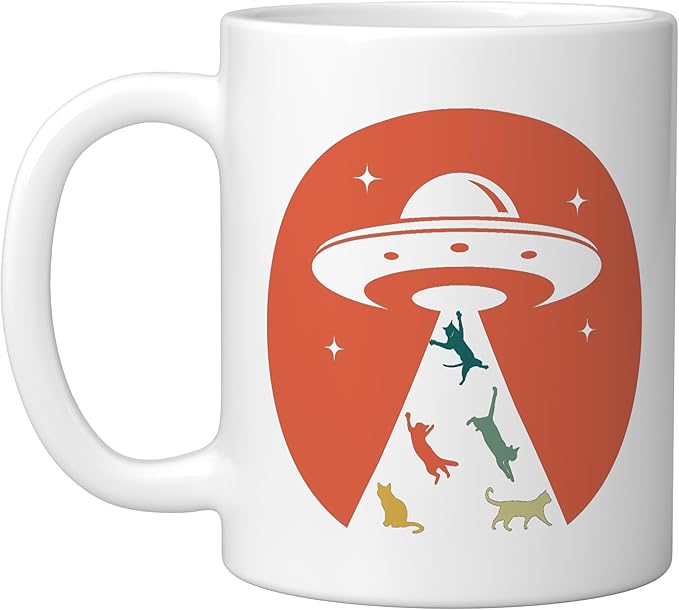 Cat UFO Funny Cat humor Kitten Owner UFO lover flying saucer Ceramic Mug, White