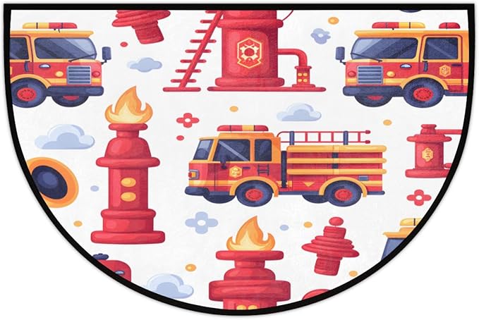 Firefighter Equipment Tools Half-Round Door Mat | Indoor Entrance Half-Moon Rug | Low-Pile | Area Rug, Non-Slip, Absorbent Semi-Circle Welcome Mats for Kitchen, Patio, and Home Decor | 36x24 Inches