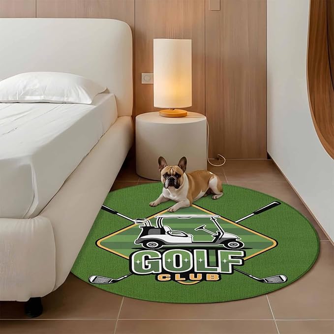 Washable Round Area Rug Golf Club Sports Circle Rugs Floor Carpet for Living Room Bedroom, Green Soft Non Slip Round Rug 4ft
