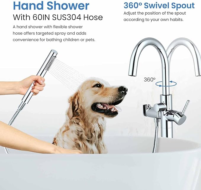 KIBI Circular Floor Mount Bathtub Faucet with Hand Shower | Single Handle Freestanding Tub Filler | Modern Bath Faucet for Tub and Shower | Chrome Finish, KTF301