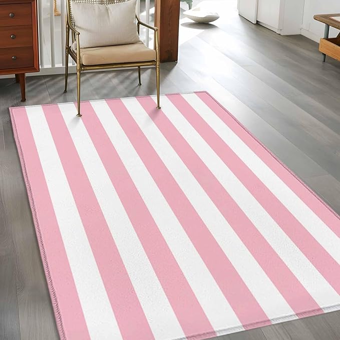 Area Rug 4x6ft, Pink White Stripe Washable Rugs for Living Room Bedroom, Classic Geometric Line Soft Non-Slip Area Rugs Rectangle Floor Carpet for Dining Room