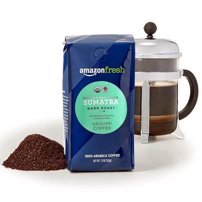 Amazon Fresh Organic Fair Trade Sumatra Ground Coffee, Dark Roast, 12 Ounce (Pack of 3)