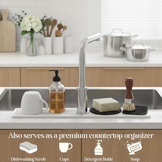 Faucet Mat for Kitchen Sink – Diatomite Drying Stone Mat & Sink Protector, Prevent Moisture – Sink Splash Guard Water-Absorbing Stone Tray for Bathroom Counter - White (23.6" x 3.9")