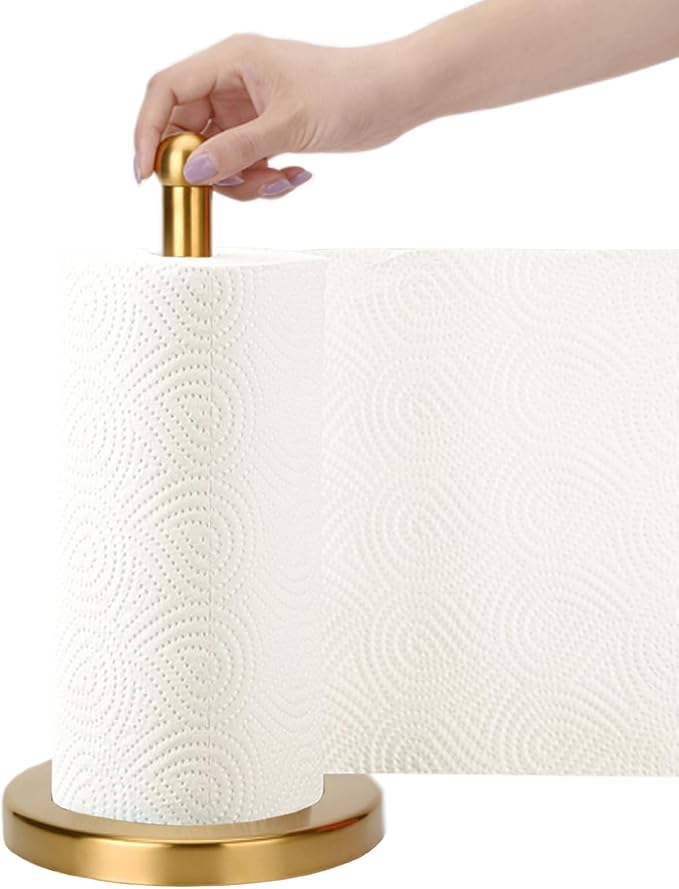 Paper Towel Holder Countertop, Brushed Gold Paper Towel Holder Stand Papertowel Holder with Stable Weighted Base, Free Standing Paper Towel Roll Holder for Kitchen Bathroom