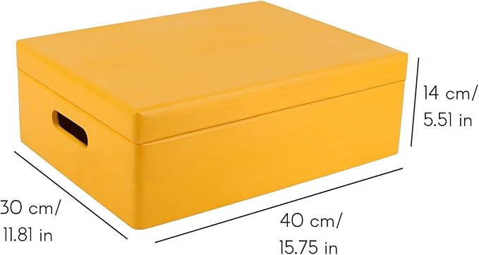 Creative Deco XL Yellow Wooden Box Storage with Hinged Lid | 15.8x11.8x5.5in (+-0.5) | Keepsake with Handles | Gift Box for Tool Dog Toy Kitchen Storage | Wood Chest Trunk