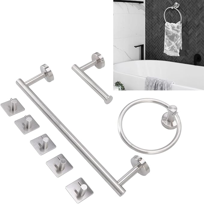 Tyenaza Towel Bar, Bathroom Hardware Set with Towel Rings Towel Bar Tissue Holder 5 Hooks 304 Stainless Steel, for Bathroom, Kitchen, Living Room