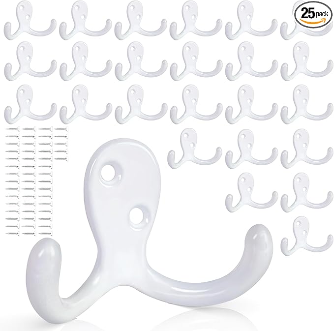 25 Pack Coat Hooks Wall Hooks for Hanging, Heavy Duty Double Prong Metal Hook Wall Mounted for Living Room, Bathroom, Kitchen, Bedroom for Coat, Bag, Scarf, Towel, Hat, Key, Cup (White)