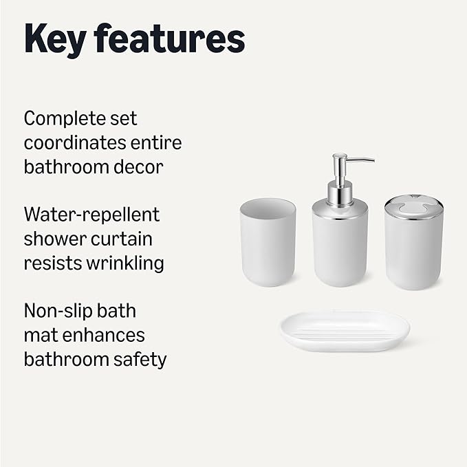 Amazon Basics Complete 18-Piece Bathroom Set with Shower Curtain, Bath Mat and Accessories, 72 x 72 inch, White