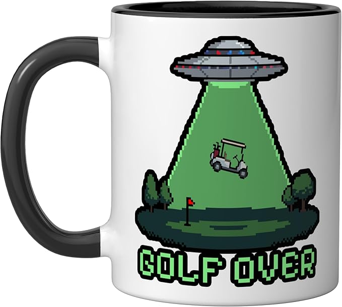 Retro Funny GOLF OVER Pixel Art UFO Abducting Golf-Cart Ceramic Mug, Black/White