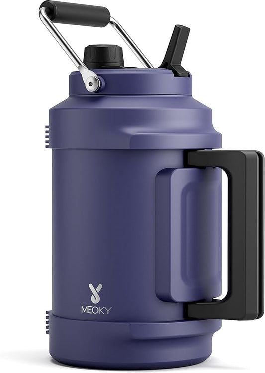 1 Gallon Insulated Water Bottle for Sports: Meoky 128 oz Triple Wall Vacuum Stainless Steel Water Jug - Top and Side Handles, Cold for 48 Hrs, 2-in-1 Straw and Spout Lid, Leak Proof for Hiking (Navy)