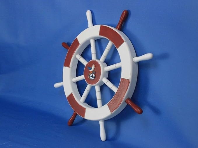 Hampton Nautical Red & White Decorative Ship Wheel with Seagull & Lifering 18"