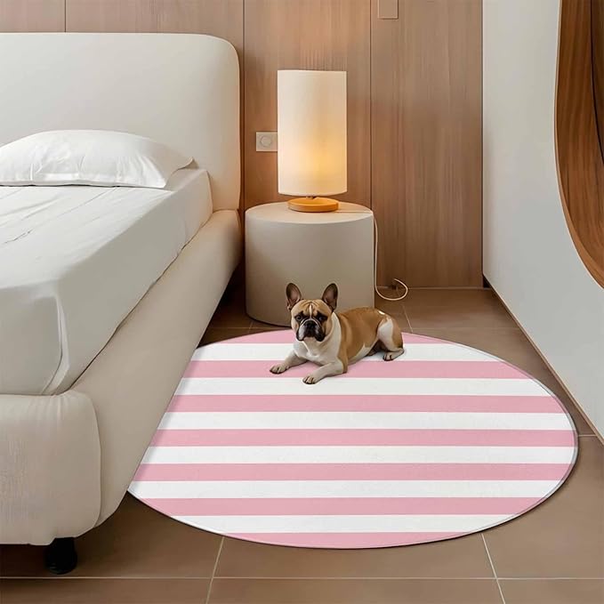 Washable Round Area Rug Pink White Stripe Circle Rugs Floor Carpet for Living Room Bedroom, Classic Geometric Line Soft Non Slip Round Rug 3ft