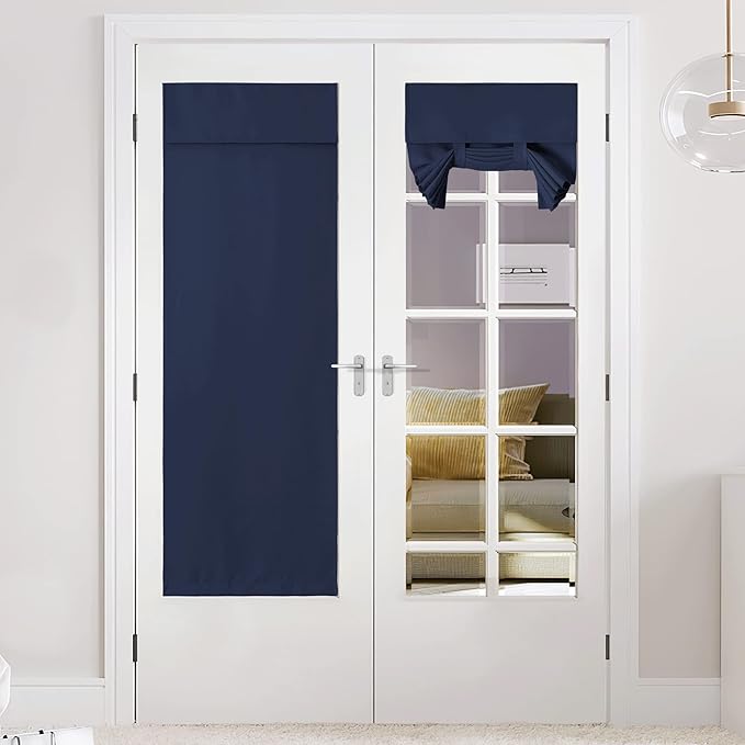 NICETOWN Door Curtains for Window, Self Sticky Tricia Window Shades Thermal Insulated Blackout French Door Tie Up Shades Curtains for Bedroom, W26 x L72 inches, Navy, 1 Panel