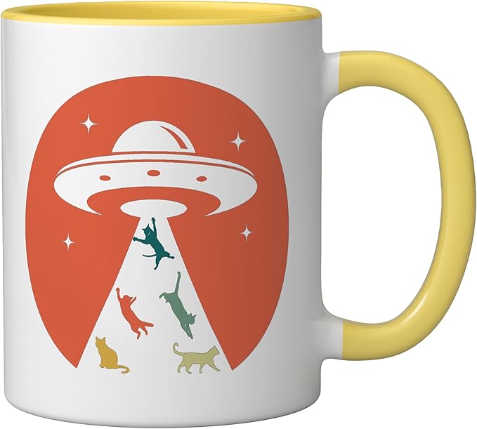 Cat UFO Funny Cat humor Kitten Owner UFO lover flying saucer Ceramic Mug, Yellow/White
