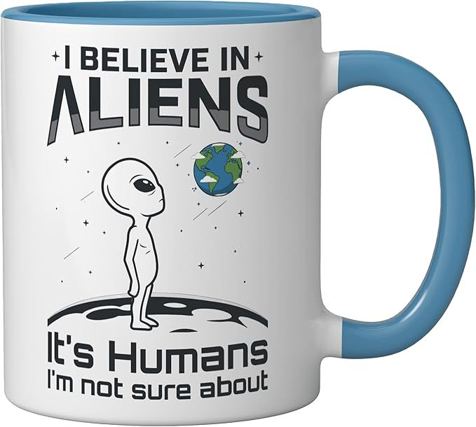 Alien Believer UFO Extraterrestrial Space Lover Ceramic Mug, Blue/White