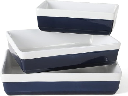 MARTHA STEWART 3-Piece Oven to Table Stoneware Bakeware Set – Baking Dish & Casserole Set – Cobalt Blue – Durable Oven-Safe Bakeware for Baking and Serving