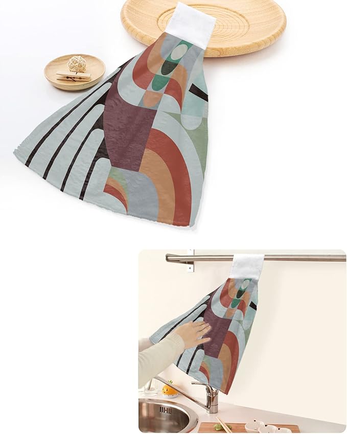 Alandar Home Kitchen Tie Towel Set of 1, Middle Century Geometric Art Absorbent Soft Hand Towels for Bathroom Hanging Towels, Abstract Minimalist Arch Fast Drying Cleaning Cloth with Loop
