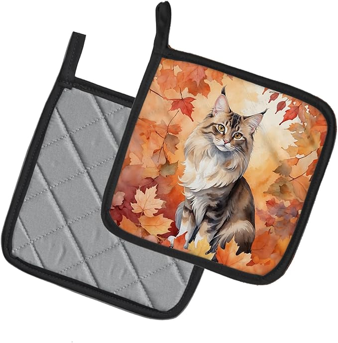 Caroline's Treasures Oriental Longhair Cat in Fall Leaves Pair of Pot Holders Kitchen Heat Resistant Pot Holders Sets Oven Hot Pads for Cooking Baking BBQ, 7 1/2 x 7 1/2