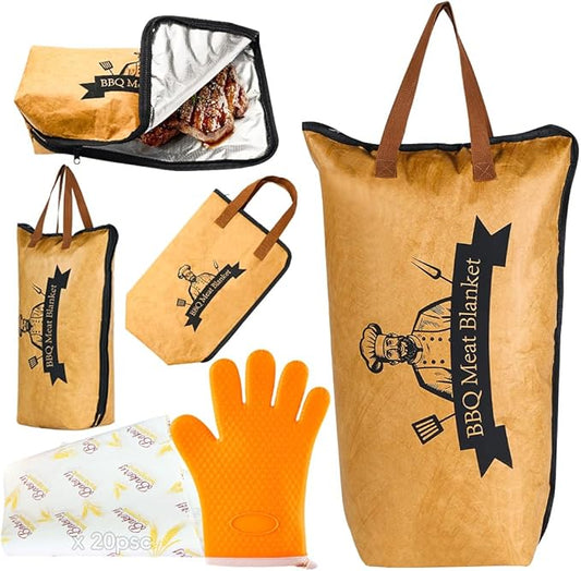 BBQ Meat Resting Bag Brisket Blanket，Heat Resistant Gloves Butcher Paper Combo, 21-Inch Waterproof Resting Bag, Reusable Smoker Grill Accessories Picnic Supplies Grilling Tool Kit