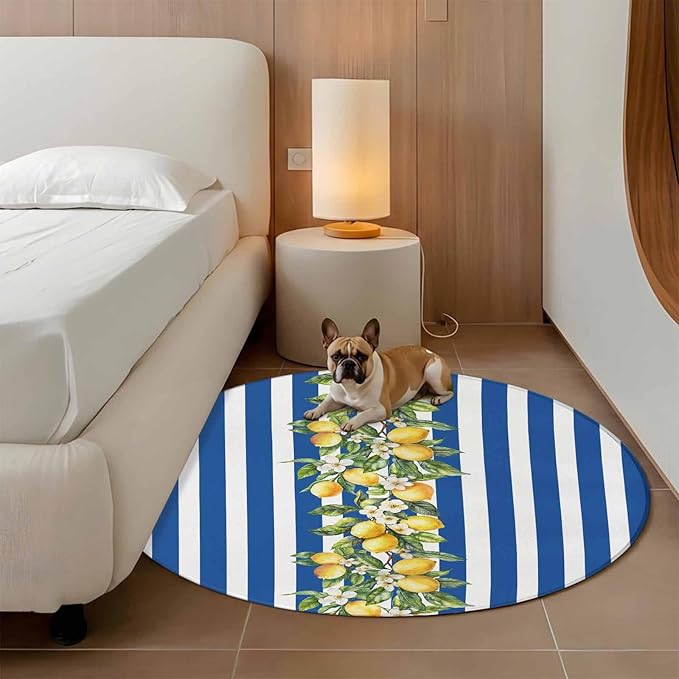 Washable Round Area Rug Summer Lemon Green Leaves Watercolor Circle Rugs Floor Carpet for Living Room Bedroom, Blue Stripe Soft Non Slip Round Rug 3ft