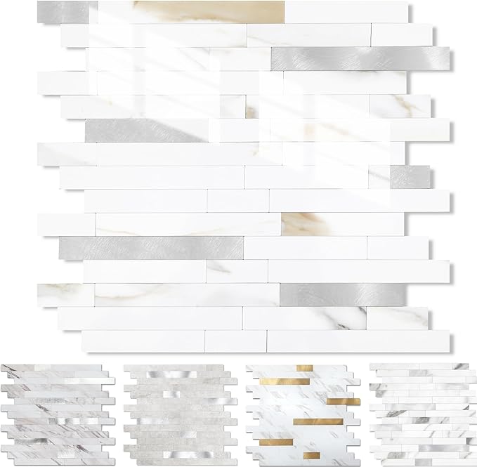 Yipscazo 1 Sheet Peel and Stick Stone Metal Tile Backsplash, Stick on Tiles for Backsplash Kitchen, Bathroom, Laundry Room, Camper, Fireplace (12'' X 12'', Polished Marble)