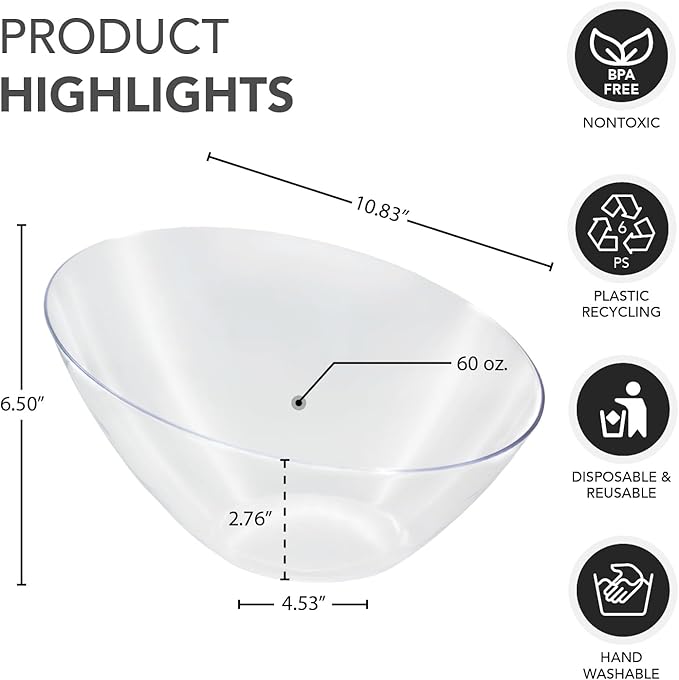 Party Essentials N604421 Disposable Hard Plastic Contemporary Angle Bowl, 4-Count, 60 oz. Clear