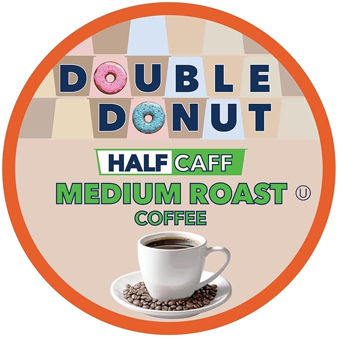 Double Donut Coffee Half Caff Coffee Pods, Single Serve Half Caffeine Coffee Pods For Keurig K Cup Brewers, Medium Roast, 72 Count
