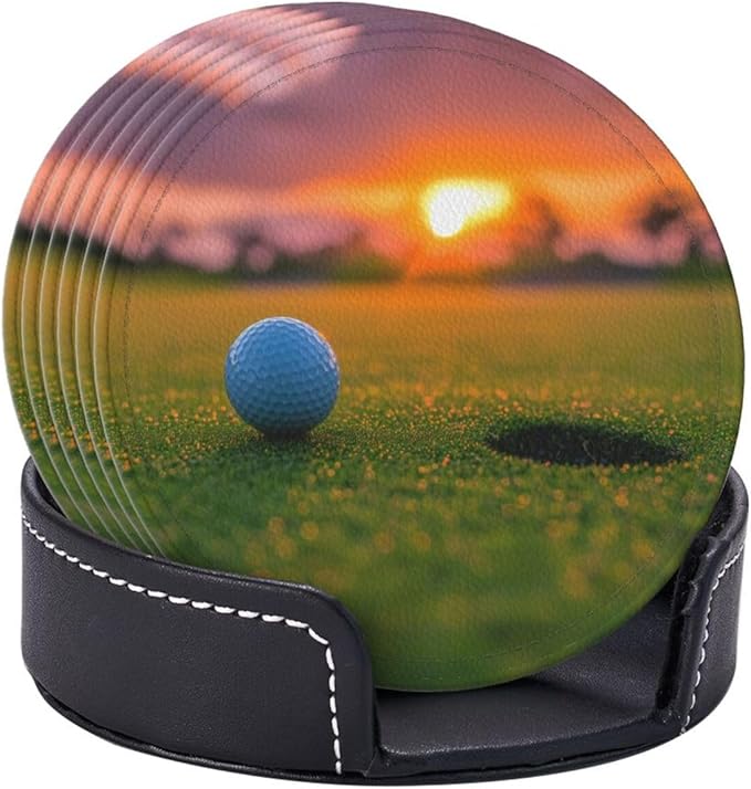 Golfing Golf Leather Drinks Coasters with Holder, Set of 6, Suitable for Various Cups
