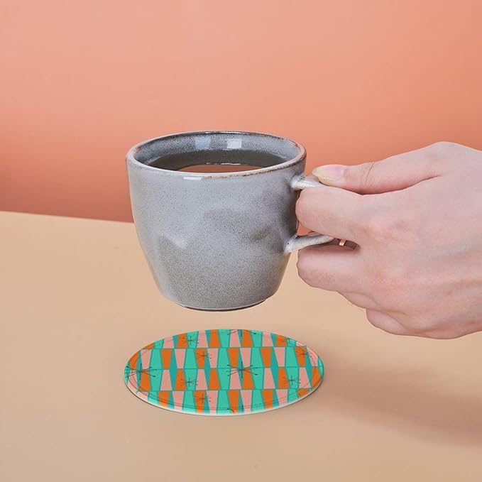 Mid Century Modern Leather Drinks Coasters with Holder, Set of 6, Suitable for Various Cups