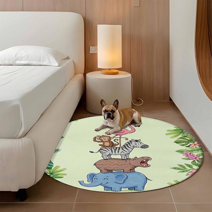Washable Round Area Rug Funny Elephant Zebra Flamingo Circle Rugs Floor Carpet for Living Room Bedroom, Tropical Leaves Floral Soft Non Slip Round Rug 4ft