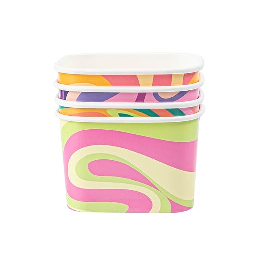 Restaurantware Paper Cups 200 Count 12 Ounce Square Disposable Ice Cream Containers, Leak-Resistant Paper Dessert To Go Cups, Hot And Cold Food, Durable Assorted Groovy Design
