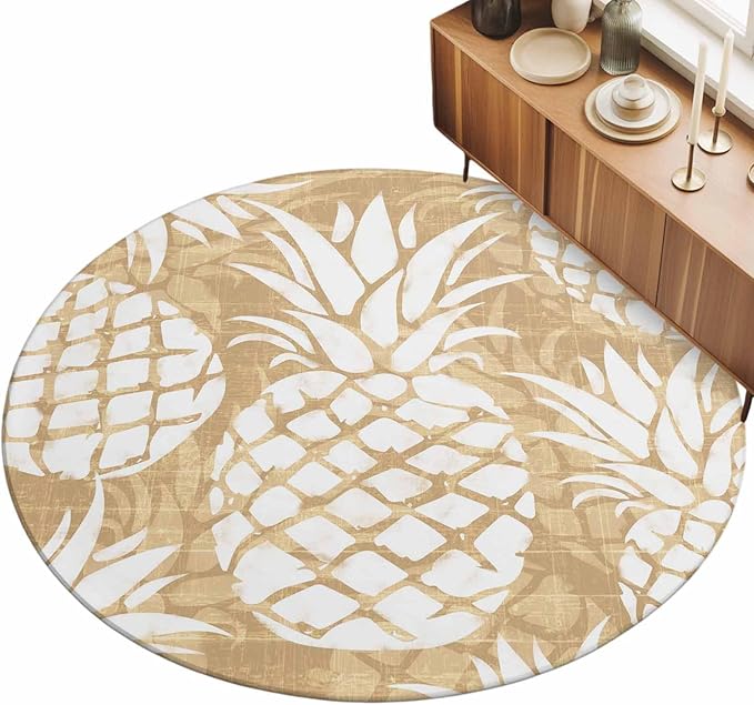 Washable Round Area Rug Summer Fruit Pineapple Circle Rugs Floor Carpet for Living Room Bedroom, Rustic Vintage Tropical Leaves Soft Non Slip Round Rug 3ft