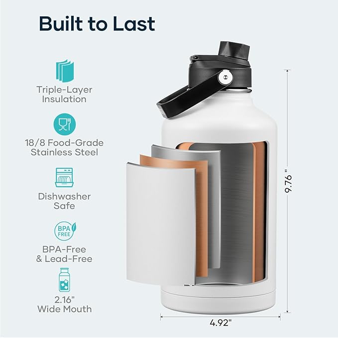 BUZIO 64oz Insulated Water Bottle, Half gallon Stainless Steel Jug (Cold for 48 Hrs), Triple Wall Vacuum Large Metal Flask with Leakproof Straw Lid and Carry Sleeve, White
