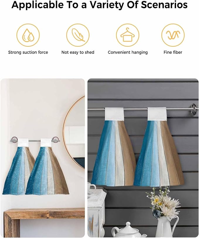 Alandar Home Kitchen Tie Towel Set of 1, Farm Blue Gradient Wood Board Absorbent Soft Hand Towels for Bathroom Hanging Towels, Vintage Brown Wood Grain Fast Drying Cleaning Cloth with Loop