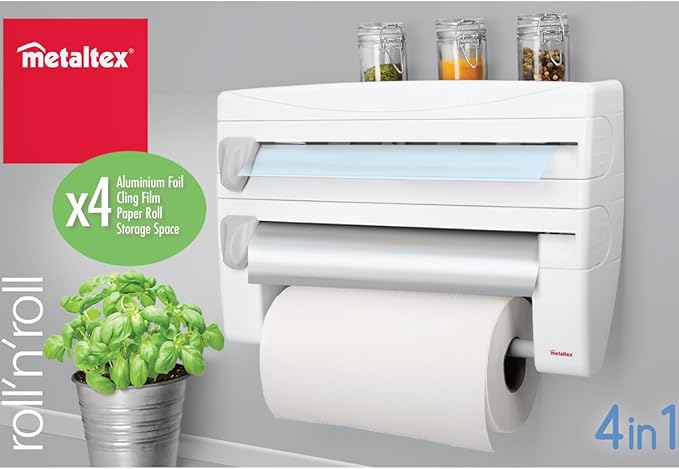 Metaltex 254410 Roll-n-Roll 4-in-1 Kitchen Roll Holder Dispenser, White, 39 x 10 x 25 cm.