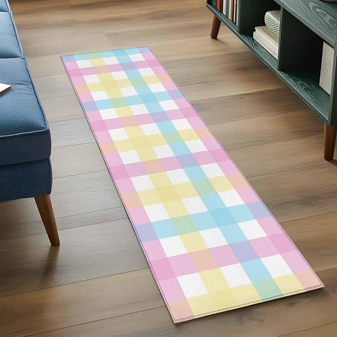 Runner Rug for Bedroom Hallway, Spring Easter Colorful Lattice Kitchen Runner Rugs Area Rug 2x6ft, Minimalist Buffalo Checker Washable Soft Floor Carpet for Entryway Stair