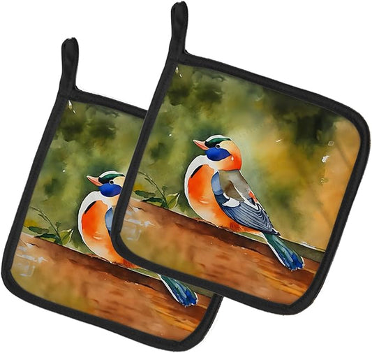 Caroline's Treasures Mandarin Duck Pair of Pot Holders Kitchen Heat Resistant Pot Holders Sets Oven Hot Pads for Cooking Baking BBQ, 7 1/2 x 7 1/2