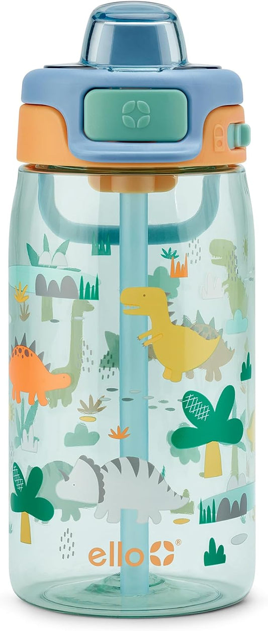 Ello Kids Pop & Fill 16oz Tritan Plastic Water Bottle with Quick Fill Technology, Leak Proof Locking Lid, Sip & Chug, BPA Free, Dishwasher Safe, For School, Lunchboxes, Dino