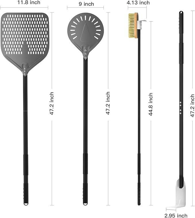 G.a HOMEFAVOR 4-Piece Pizza Tool Set - 12" × 15" Perforated Aluminum Pizza Peel, 9" Round Turning Peel, Pizza Oven Cleaning Brush, Ash Rake, Pizza Oven Accessories, Pizza Kit for Pizza Lover