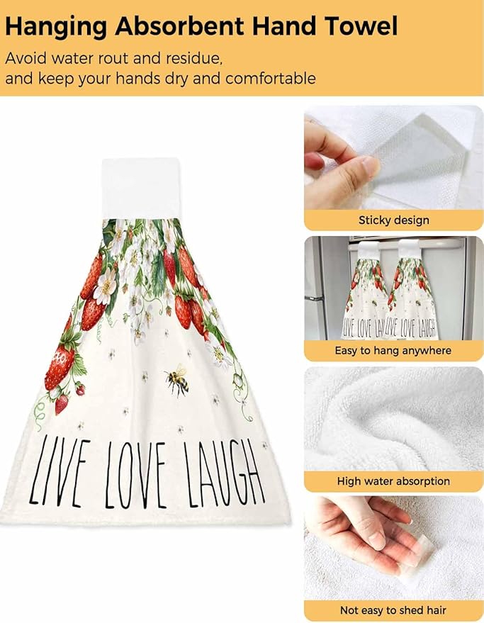 Alandar Home Kitchen Tie Towel Set of 2, Watercolor Rustic Strawberry Flower Bee Absorbent Soft Hand Towels for Bathroom Hanging Towels, Farmhouse Landscape Fast Drying Cleaning Cloth with Loop