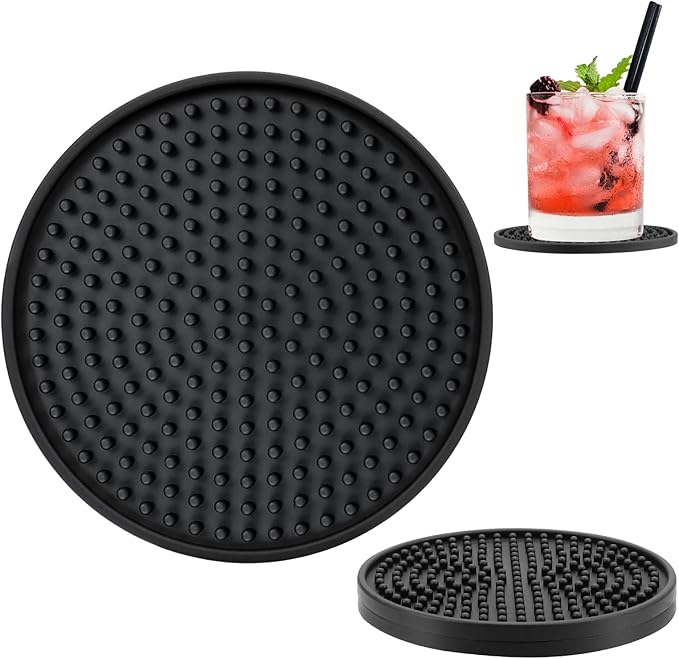 Silicone Coasters for Drinks, Non‑Slip Spill‑Proof Heat Resistant Drink Coasters 2-Piece Set, Reusable Washable Table Protection for Home Decor Kitchen Office, Bar(2Pack,Black)