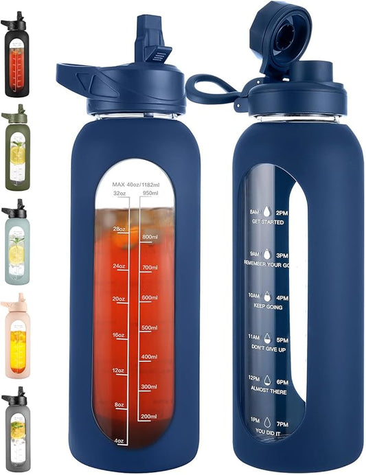 CIVAGO 40 oz Glass Water Bottle with Straw and Handle, Large Sports Motivational Water Bottle Flask with Time Marker and 2 Lids, Leakproof Water Jug Canteen with Silicone Sleeve for Gym, Navy