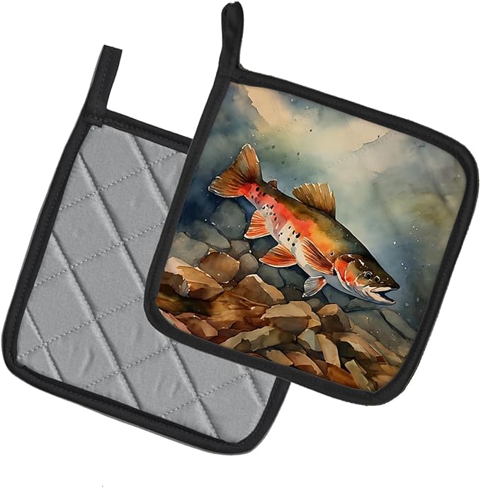 Caroline's Treasures Brook Trout Pair of Pot Holders Kitchen Heat Resistant Pot Holders Sets Oven Hot Pads for Cooking Baking BBQ, 7 1/2 x 7 1/2