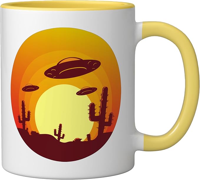 UFO Alien Abduction Conspiracy Vintage Nevada Desert Sunset Ceramic Mug, Yellow/White