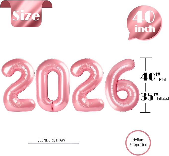 2026 Balloon Numbers - 40 Inch Pearlescent Pink New Years Eve Party Supplies 2026, Nye Decor Party Decorations Happy New Year, New Years Eve Foil Party Balloons, Graduation Party Decorations