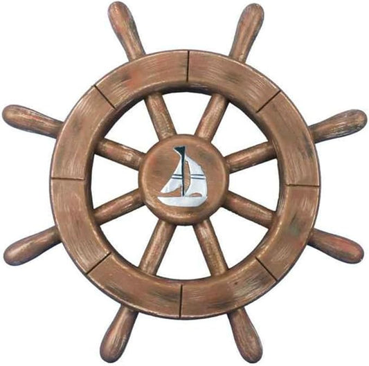 Hampton Nautical Rustic Wood Finish Decorative Ship Wheel with Sailboat 12"