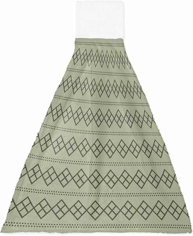 Alandar Home Kitchen Tie Towel Set of 1, Modern Sage Green Black Check Absorbent Soft Hand Towels for Bathroom Hanging Towels, Dotted Line Geometric Art Fast Drying Cleaning Cloth with Loop