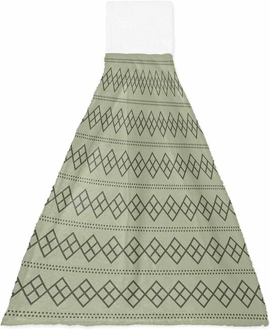 Alandar Home Kitchen Tie Towel Set of 1, Modern Sage Green Black Check Absorbent Soft Hand Towels for Bathroom Hanging Towels, Dotted Line Geometric Art Fast Drying Cleaning Cloth with Loop